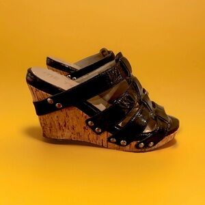 ME TOO 'JAFAR 2' BLACK LEATHER CORK PLATFORM WEDGE HEEL SANDALS Size 6